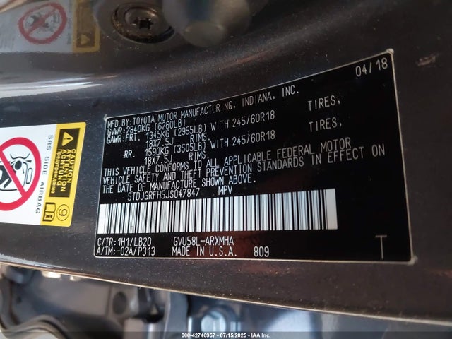 Toyota 2gr-fxs, 4jm+2fm 2018 5TDJGRFH5JS047847 Image 9