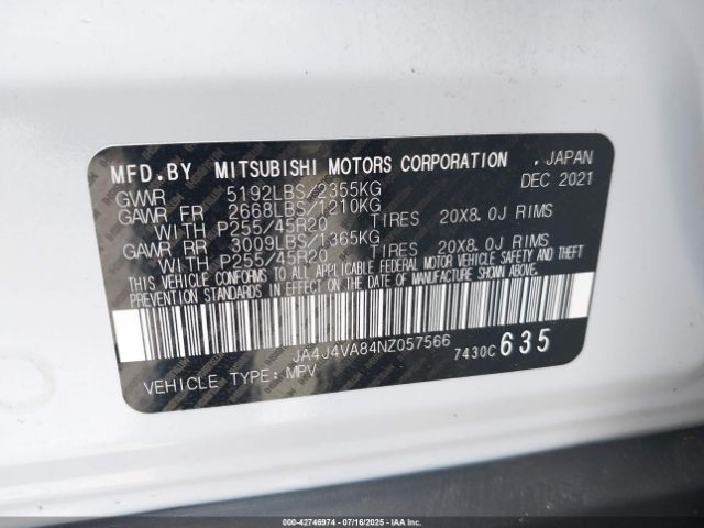 2022 MITSUBISHI OUTLANDER JA4J4VA84NZ057566 Photo 8