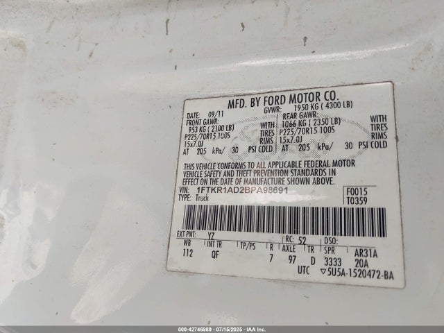 Продаж на аукціоні авто 2011 Ford Ranger Xl, vin: 1FTKR1AD2BPA98691, номер лоту: 42746989