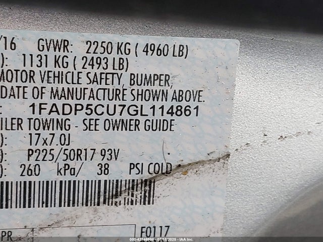 2016 Ford C-max Energi Sel მანქანა იყიდება აუქციონზე, vin: 1FADP5CU7GL114861, აუქციონის ნომერი: 42746998