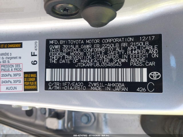 JTDKARFU8J3548543 Toyota 2zr-fxe,1nm