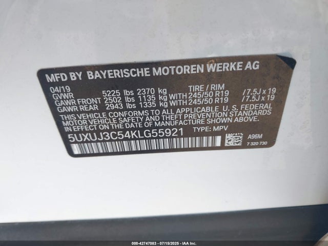 5UXUJ3C54KLG55921 BMW 2019