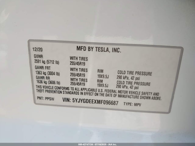 2021 TESLA MODEL Y 5YJYGDEEXMF096687 Photo 8