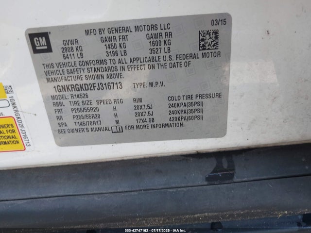 Chevrolet llt 2015 1GNKRGKD2FJ316713 Image 9