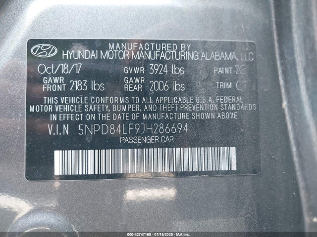 5NPD84LF9JH286694 Hyundai mpi nu