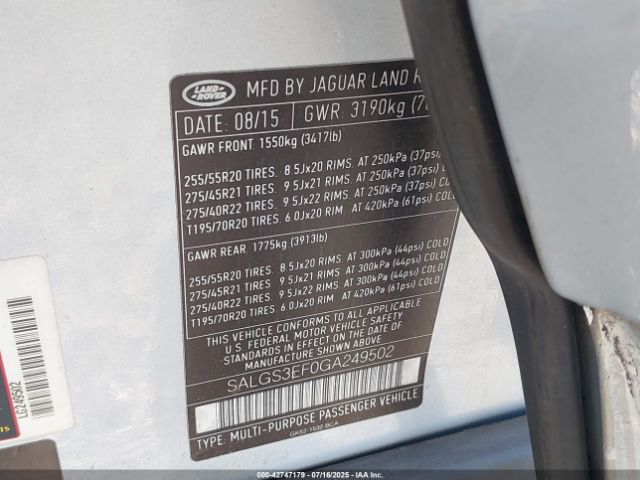 2016 LAND ROVER RANGE ROVER SALGS3EF0GA249502 Photo 8