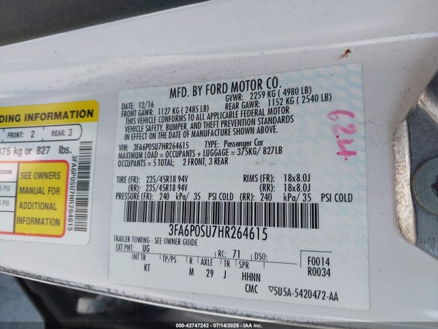 Ford 2.0l 4v atk hev 2017 3FA6P0SU7HR264615 Image 9