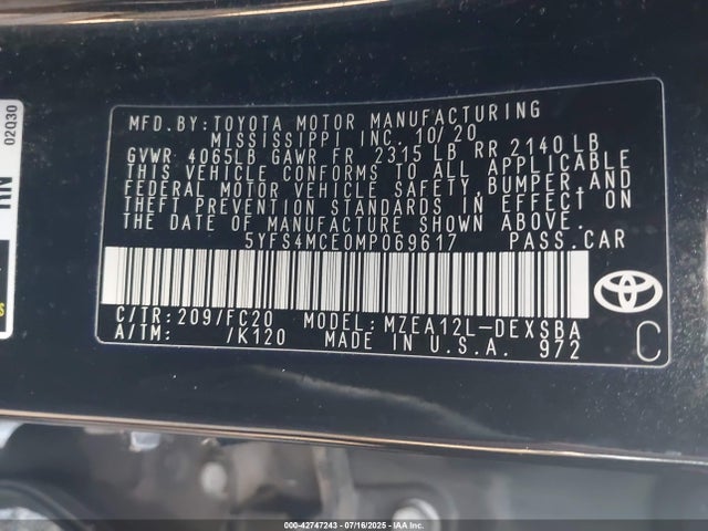 Toyota m20-fks 2021 5YFS4MCE0MP069617 Image 9