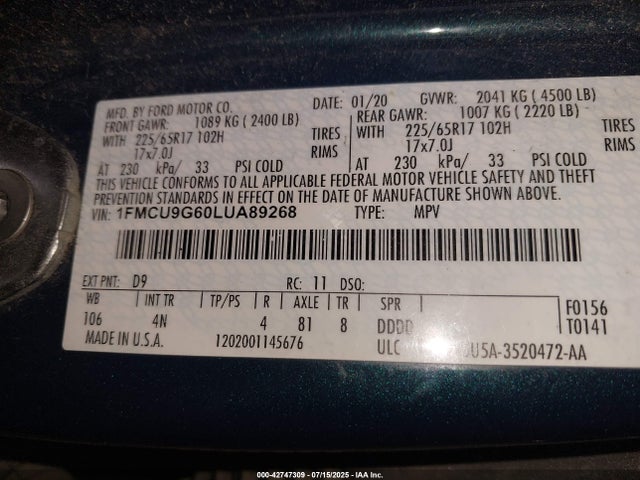 Продаж на аукціоні авто 2020 Ford Escape Se, vin: 1FMCU9G60LUA89268, номер лоту: 42747309