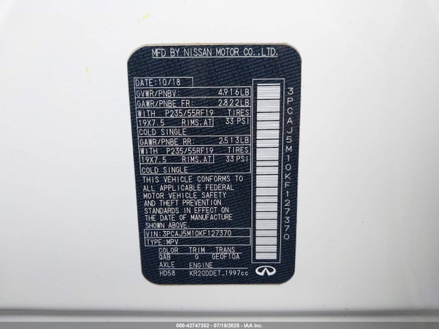 42747352 :رقم المزاد ، 3PCAJ5M10KF127370 vin ، 2019 Infiniti Qx50 Essential مزاد بيع