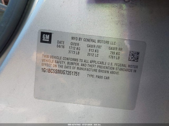 1G1BC5SM0G7261751 Chevrolet le2 - di: direct injection, alum, vvt, gen i, gmna