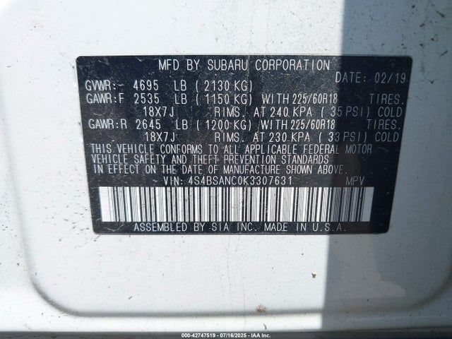 4S4BSANC0K3307631 Subaru na u5