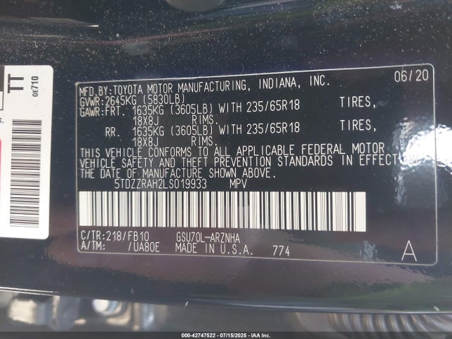 Toyota 2gr-fks 2020 5TDZZRAH2LS019933 Image 9