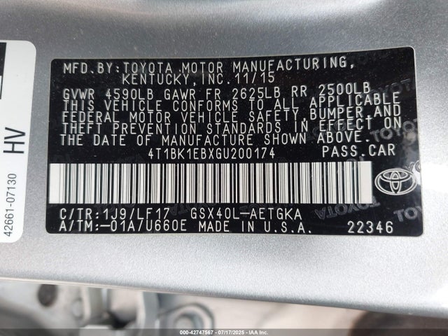 Toyota 2gr-fe 2016 4T1BK1EBXGU200174 Image 9