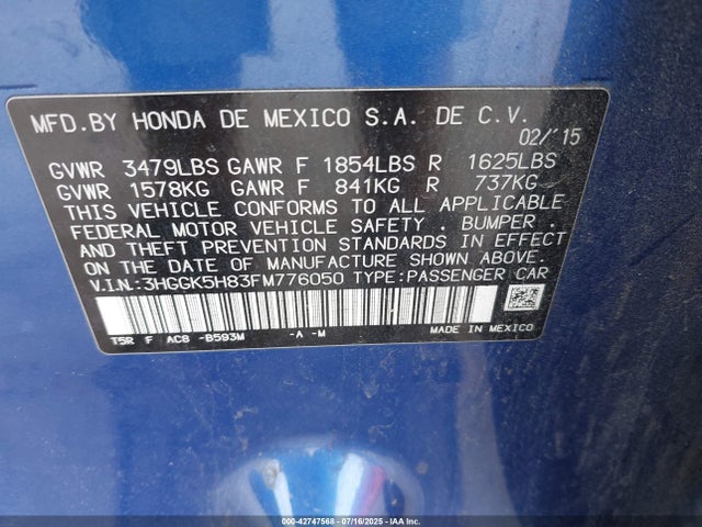 3HGGK5H83FM776050 Honda l15b1