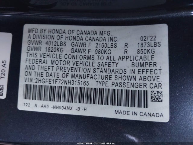 Honda l15by 2022 2HGFE1F72NH315165 Image 9
