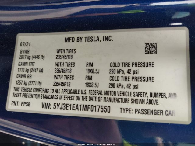 2021 TESLA MODEL 3 5YJ3E1EA1MF017550 Photo 8