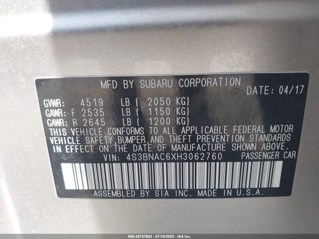 4S3BNAC6XH3062760 Subaru u5