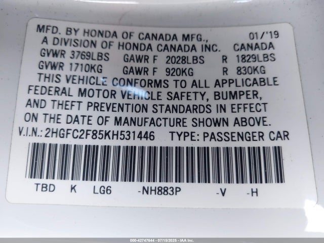 Honda k20c2 2019 2HGFC2F85KH531446 Image 9