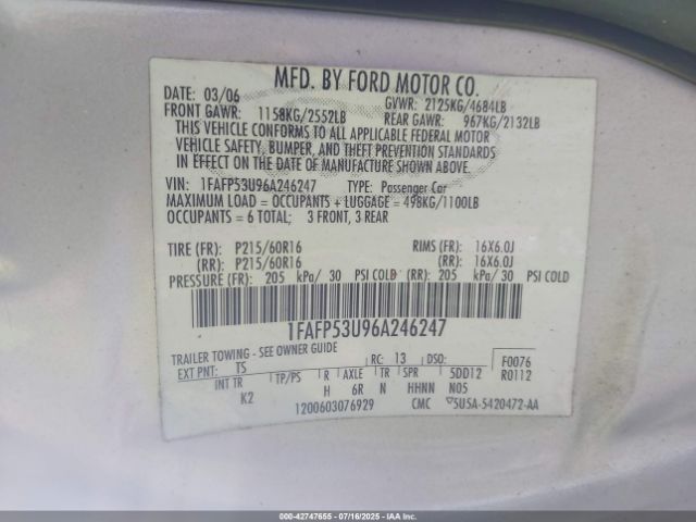 2006 FORD TAURUS 1FAFP53U96A246247 Photo 8