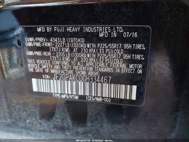 JF2GPAKC0GH334467 Subaru naturally aspirated
