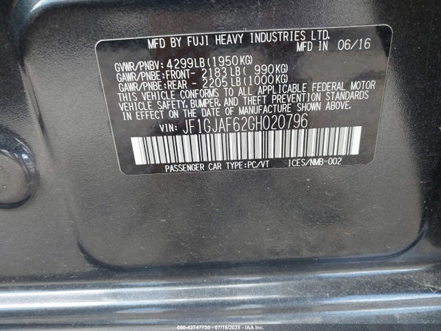 JF1GJAF62GH020796 Subaru 2.0l na