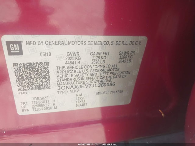 3GNAXJEV7JL380086 Chevrolet lyx - direct injection, vvt, fgt, turbo, alum, gen1
