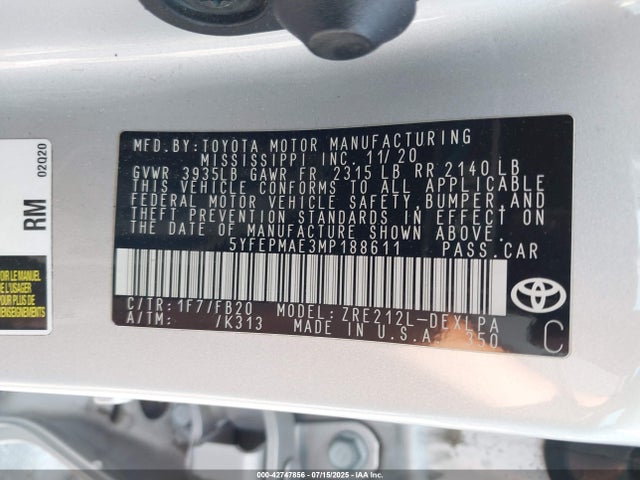 Toyota 2zr-fae 2021 5YFEPMAE3MP188611 Image 9