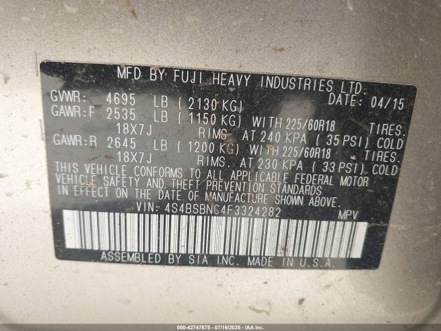 4S4BSBNC4F3324282 Subaru 2.5l u6