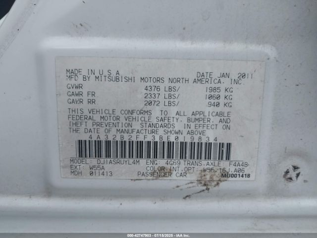 2011 MITSUBISHI GALANT 4A32B2FF3BE019834 Photo 8