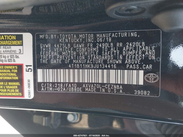 4T1B11HK9JU134416 Toyota a25a-fks