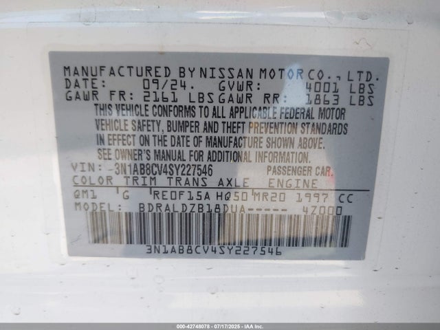 3N1AB8CV4SY227546 Nissan 2025