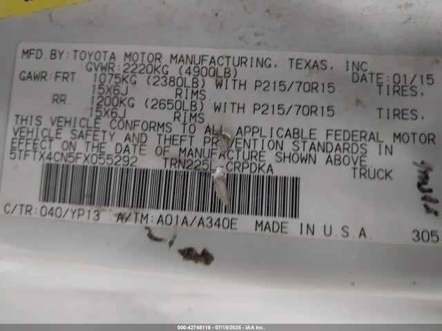 Toyota 2tr-fe 2015 5TFTX4CN5FX055292 Image 9