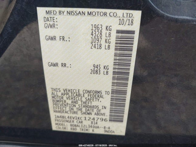 Nissan 2019 2019 1N4BL4EV1KC124796 Image 9