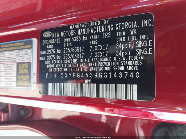 5XYPG4A39GG143740 KIA dohc gdi theta ii