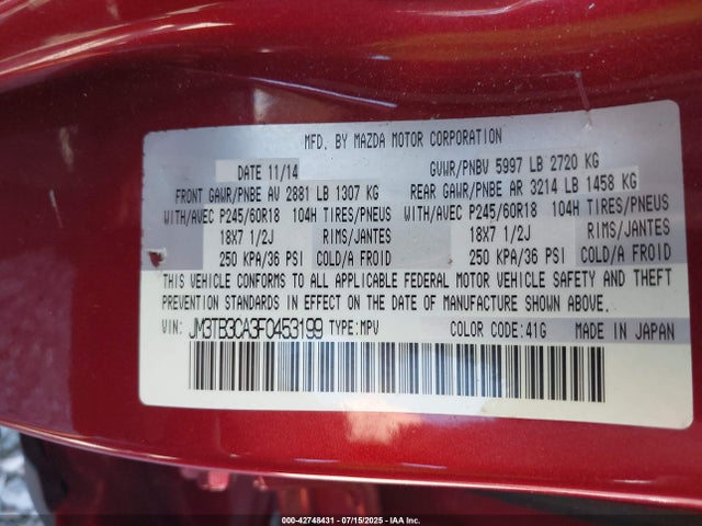 Mazda cav federal/canada 2015 JM3TB3CA3F0453199 Image 9