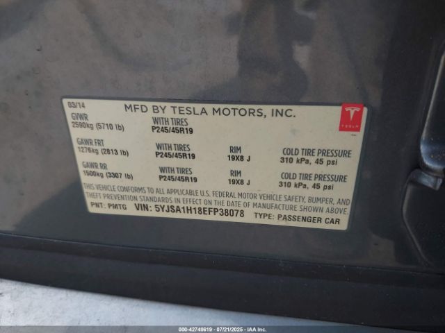 2014 TESLA MODEL S 5YJSA1H18EFP38078 Photo 8