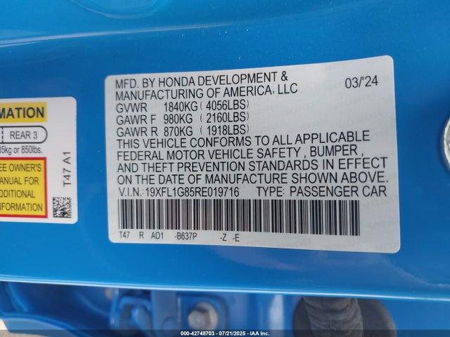 Honda l15b7 2024 19XFL1G85RE019716 Image 9