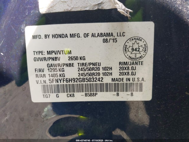 5FNYF6H92GB503242 Honda j35y6
