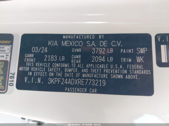 3KPF24ADXRE773219 KIA mpi nu