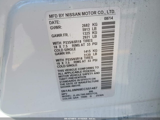 Infiniti 2014 2014 5N1AL0MN8EC551487 Image 9