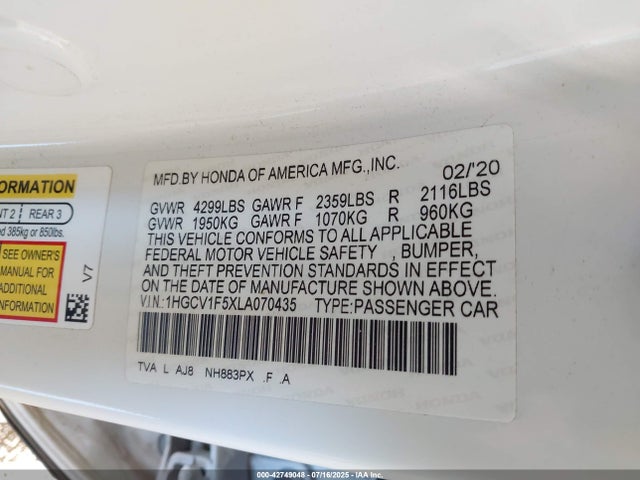 Honda l15be 2020 1HGCV1F5XLA070435 Image 9