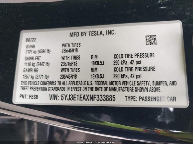 2022 TESLA MODEL 3 5YJ3E1EAXNF333885 Photo 8
