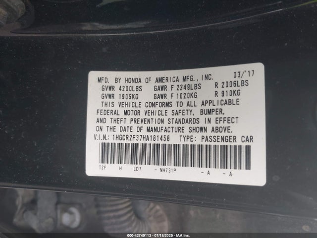 1HGCR2F37HA181458 Honda k24w1