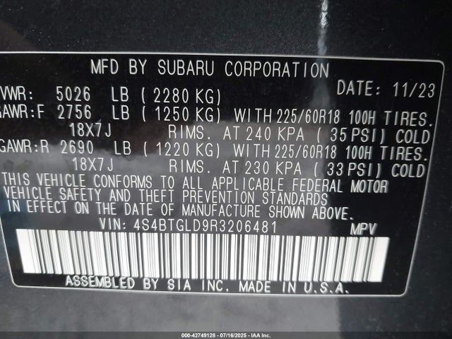 4S4BTGLD9R3206481 Subaru u4