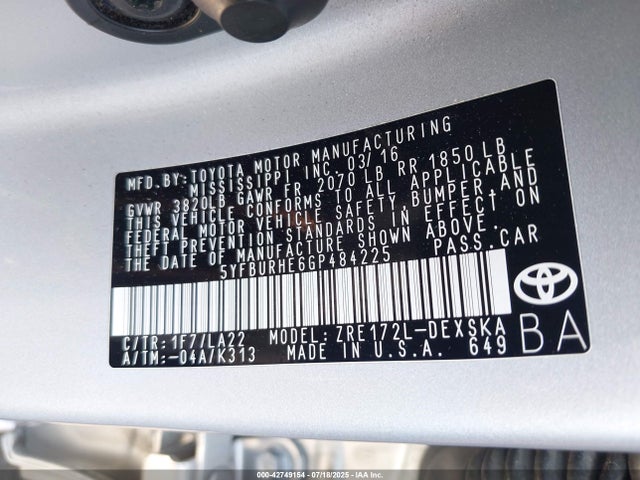5YFBURHE6GP484225 Toyota 2zr-fe