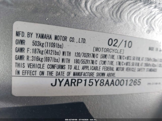 2010 Yamaha Fjr1300 Ac მანქანა იყიდება აუქციონზე, vin: JYARP15Y8AA001265, აუქციონის ნომერი: 42749190