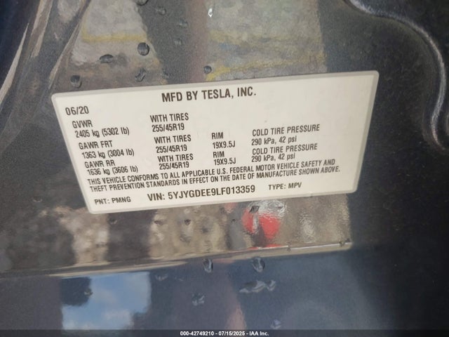 2020 TESLA MODEL Y 5YJYGDEE9LF013359 Photo 8
