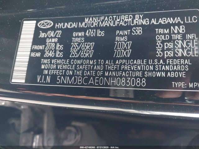5NMJBCAE0NH083088 Hyundai gdi theta iii