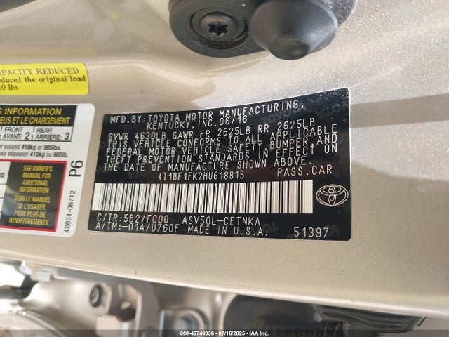 Toyota 2ar-fe 2017 4T1BF1FK2HU618815 Image 9